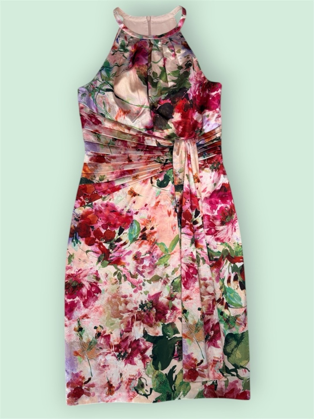 Eliza J Floral Halter Satin-feel Dress in Pink, Green and Red Sz 6 Ruched Sash - Picture 2 of 11